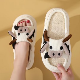 Men's Cartoon Milk Cow Graphic Slippers, Funny Animal Home Slipper Non-slip Open Toe Slippers With Linen Uppers For Indoor Walking