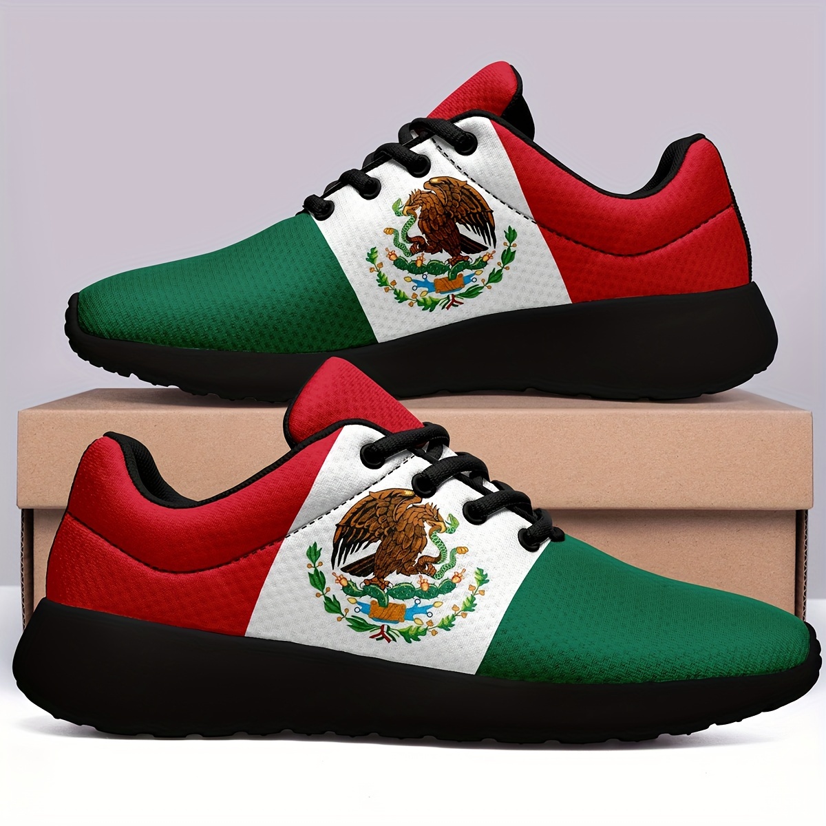 plus size mens trendy mexico national flag pattern sneakers comfy non slip casual soft sole lace up shoes for mens outdoor activities details 1