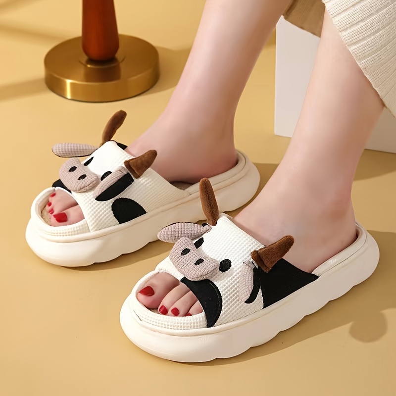 mens cartoon milk cow graphic slippers funny animal home slipper non slip open toe slippers with linen uppers for indoor walking details 6