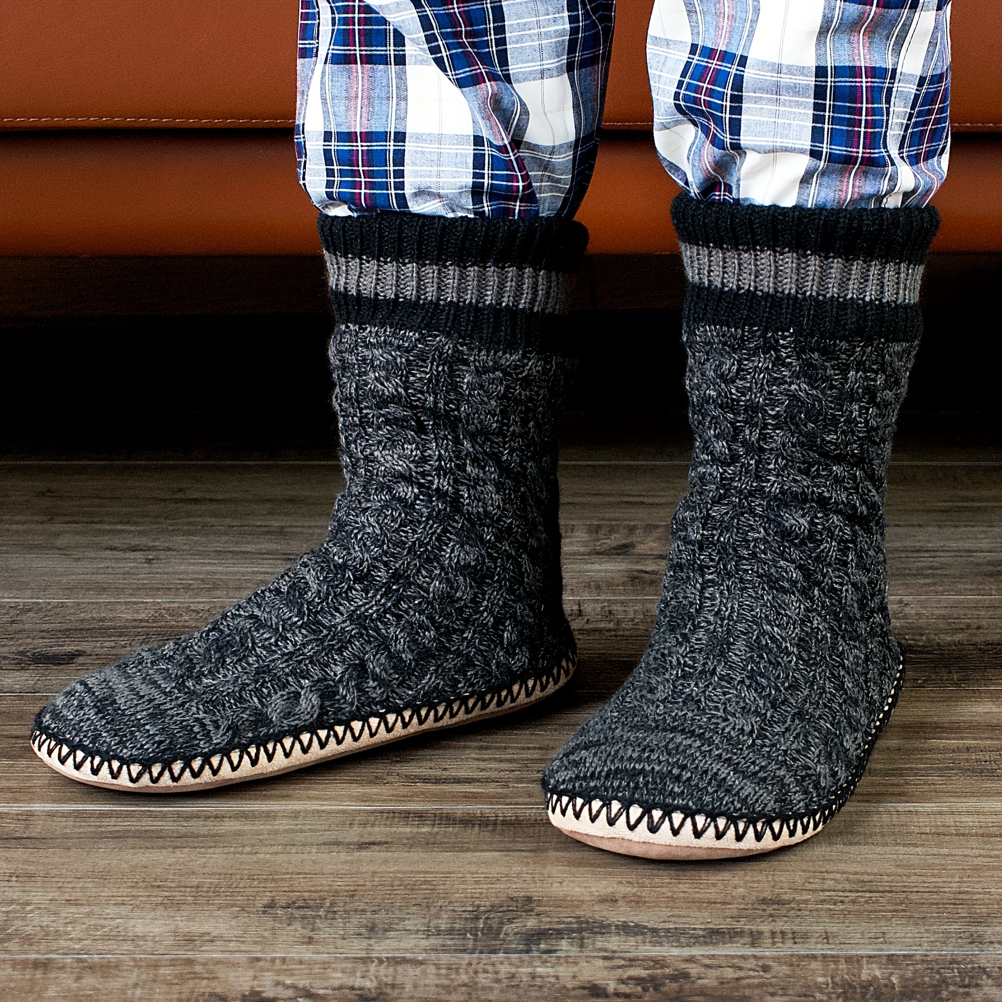 mens slipper socks winter cable knit non skid warm slipper socks cozy soft indoor socks fluffy sherpa shoes details 1