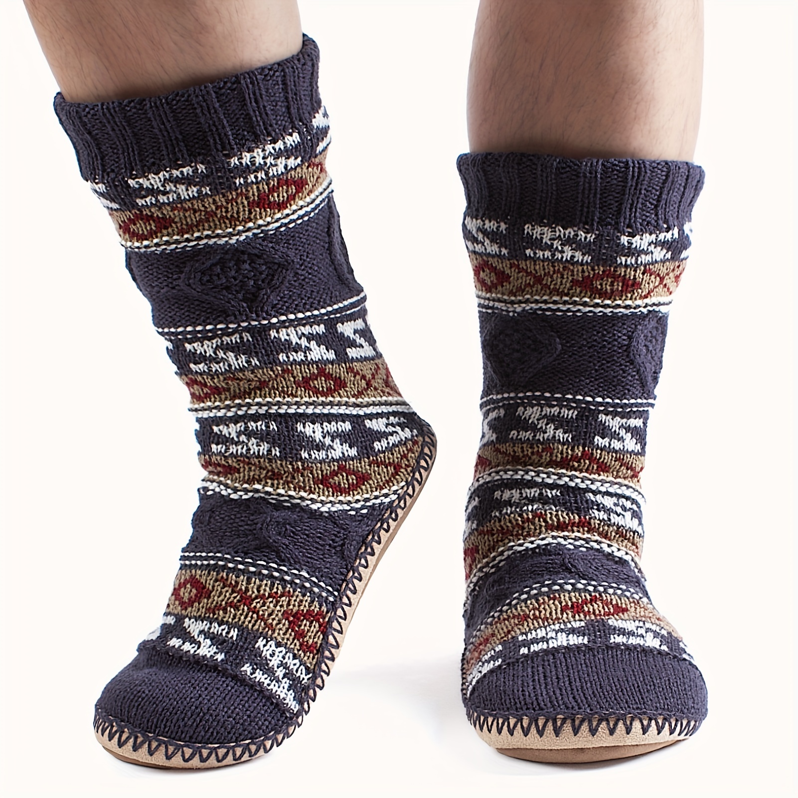 mens slipper socks winter cable knit non skid warm slipper socks cozy soft indoor socks fluffy sherpa shoes details 6