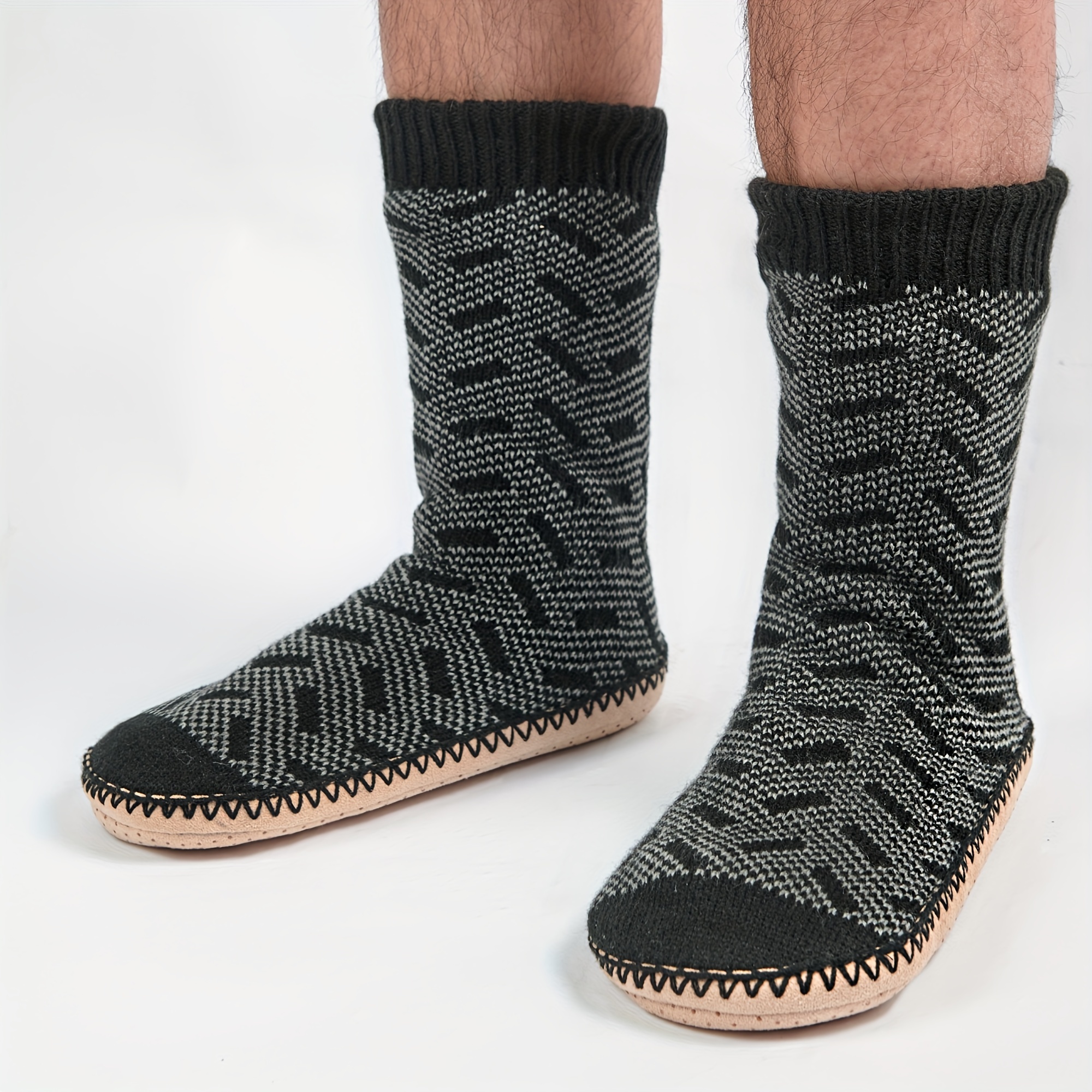 mens slipper socks winter cable knit non skid warm slipper socks cozy soft indoor socks fluffy sherpa shoes details 7