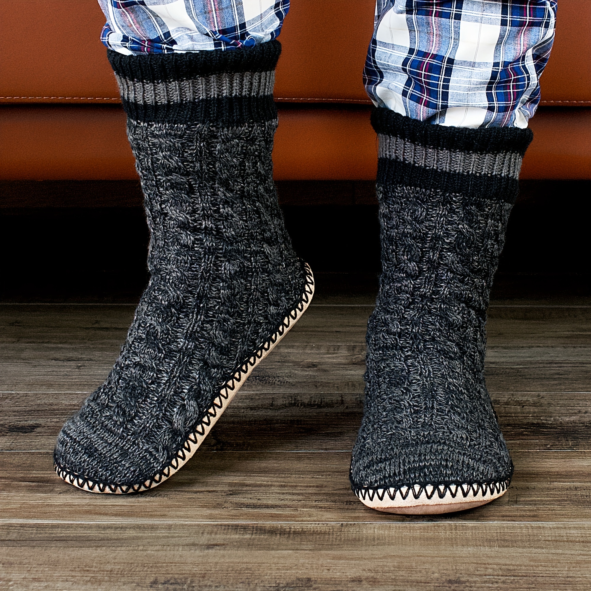 mens slipper socks winter cable knit non skid warm slipper socks cozy soft indoor socks fluffy sherpa shoes details 8