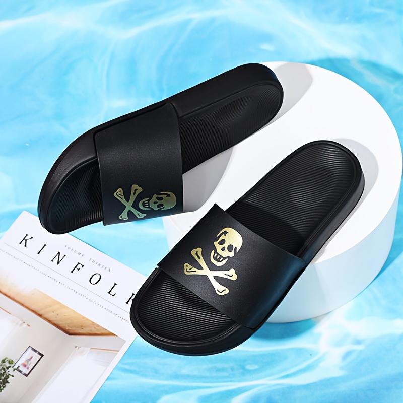 skull and crossbones print slides for men casual non slip slippers open toe shoes for indoor outdoor beach shower details 5