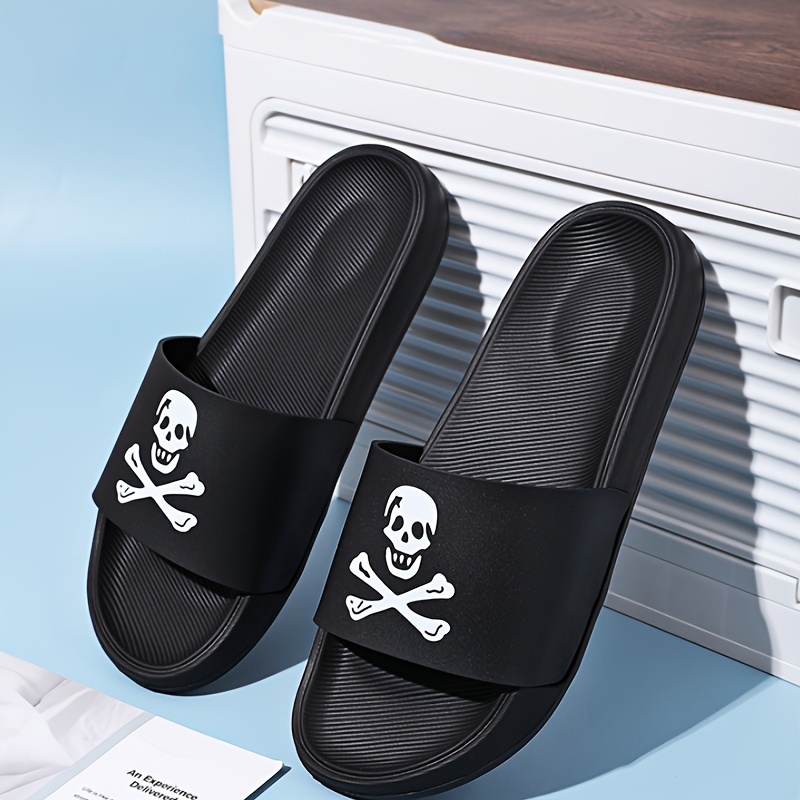 skull and crossbones print slides for men casual non slip slippers open toe shoes for indoor outdoor beach shower details 7