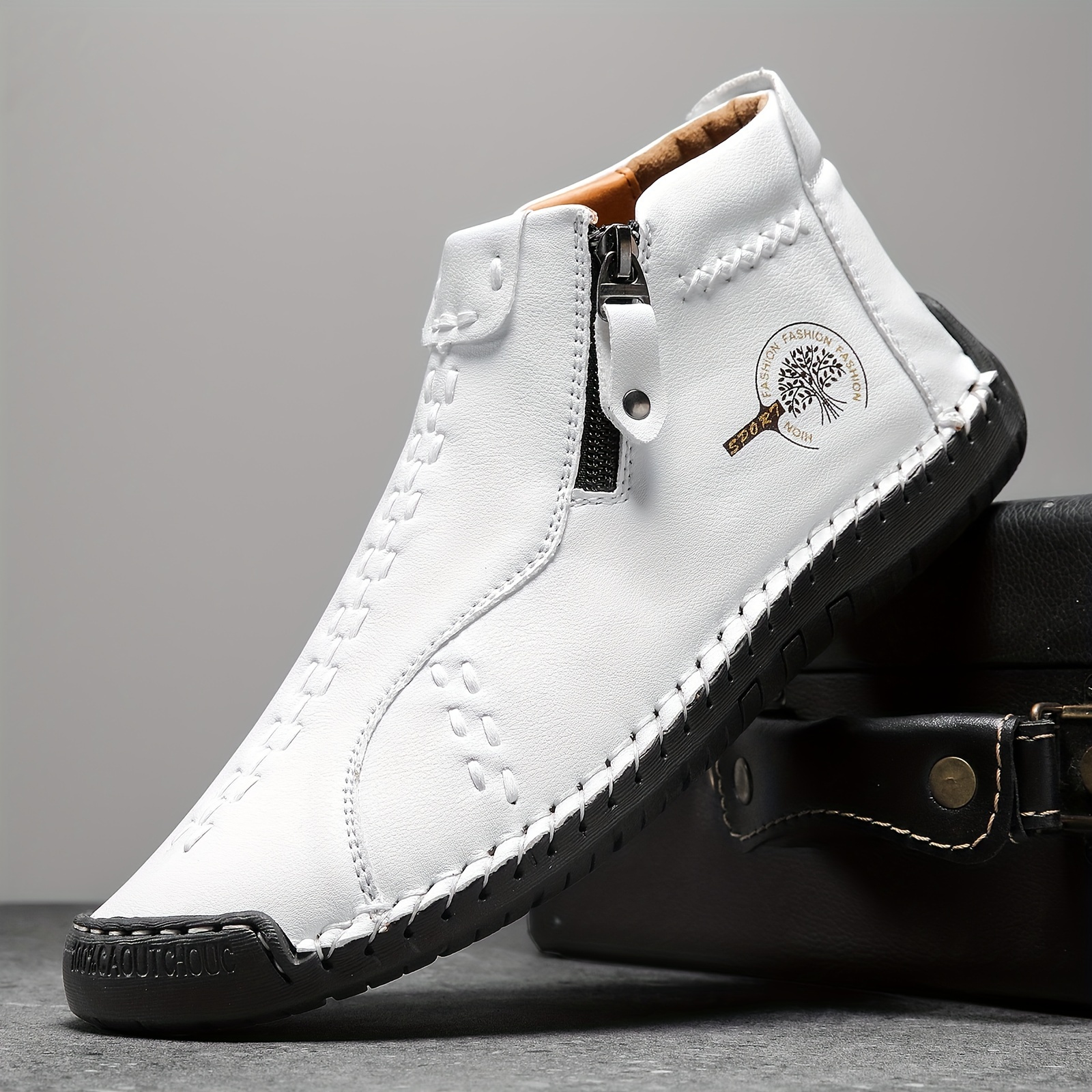 mens fashion leather boots side zip and high top casual outdoor boots with rubber sole details 1
