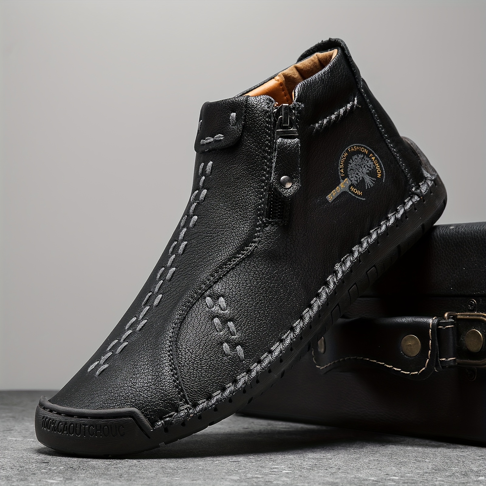 mens fashion leather boots side zip and high top casual outdoor boots with rubber sole details 5
