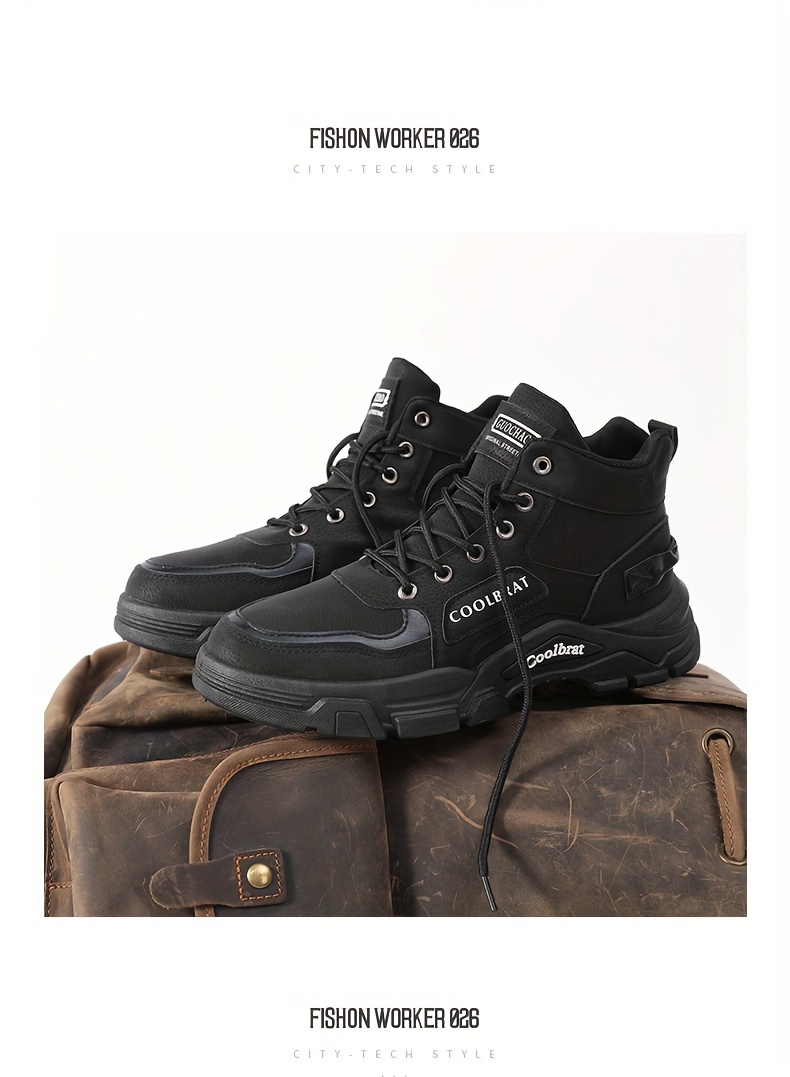 2023 mens pu leather work boots high top non slip wear resistant lace up boots for outdoor walking hiking climbing details 4
