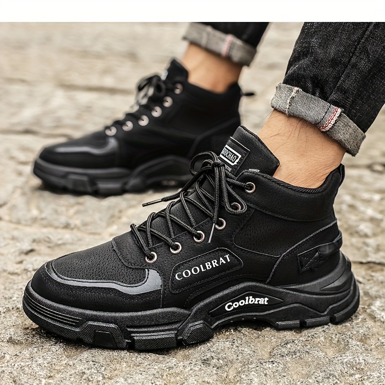 2023 mens pu leather work boots high top non slip wear resistant lace up boots for outdoor walking hiking climbing details 5