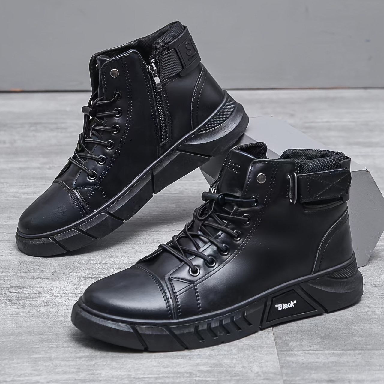 mens solid high top boots classic non slip comfy leather boots for mens winter and autumn outdoor activities details 2